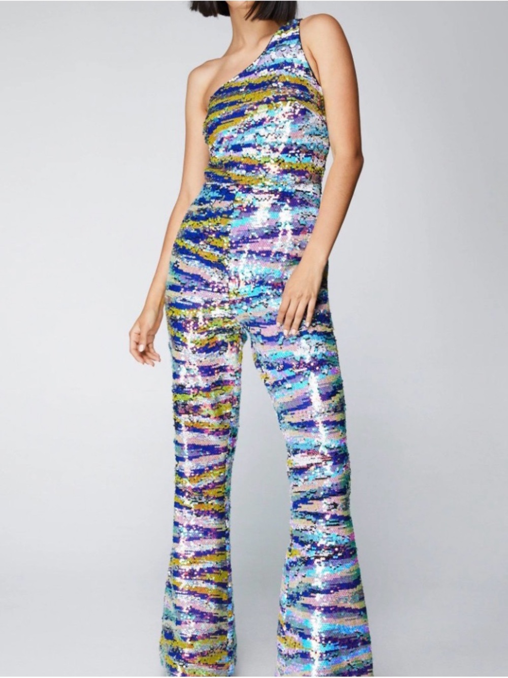 Nasty Gal One-Shoulder Multicolor Sequin Flare Jumpsuit